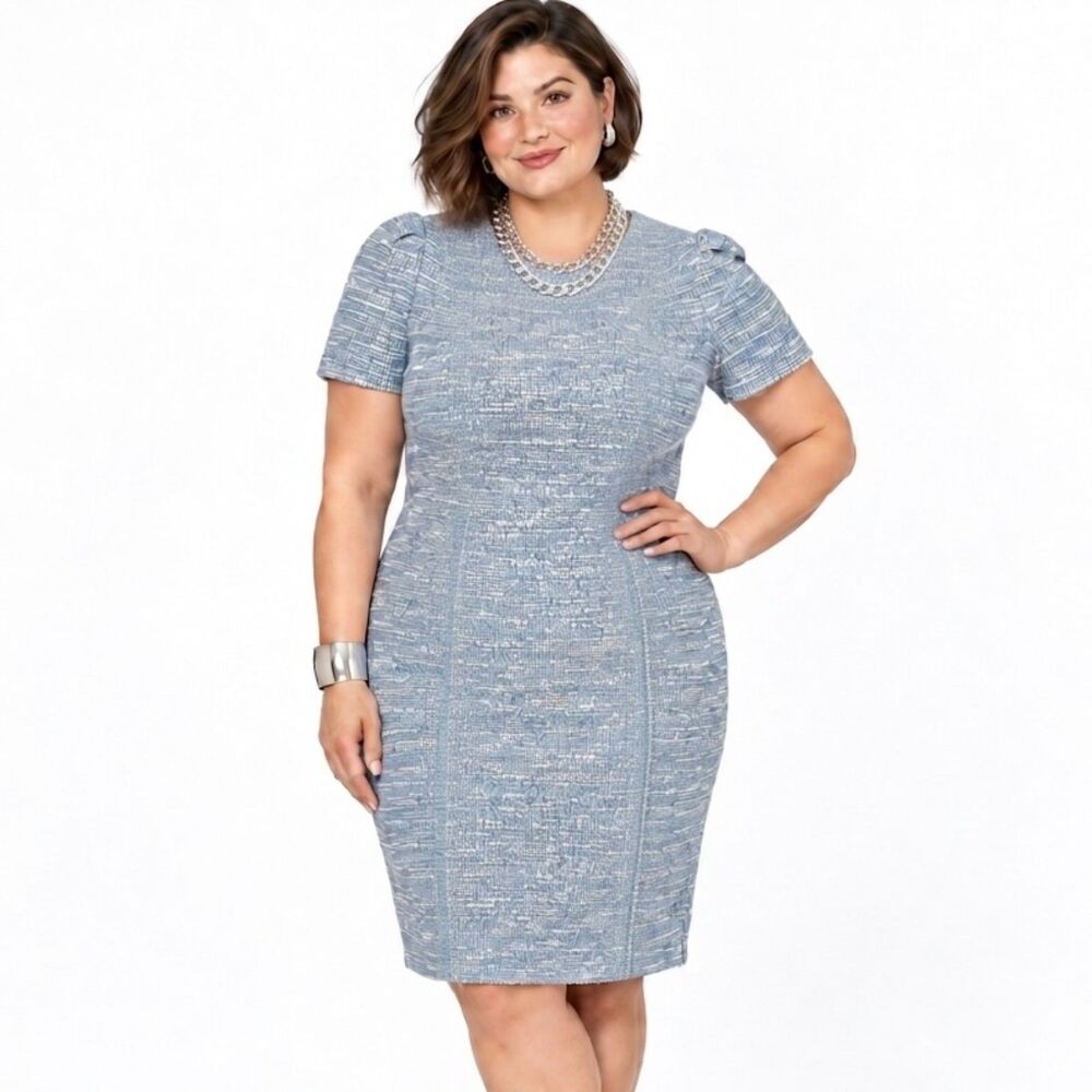 Calvin Klein Plus Size 20W Blue Jewel-Neck Tweed Sheath Dress NWT Career Office